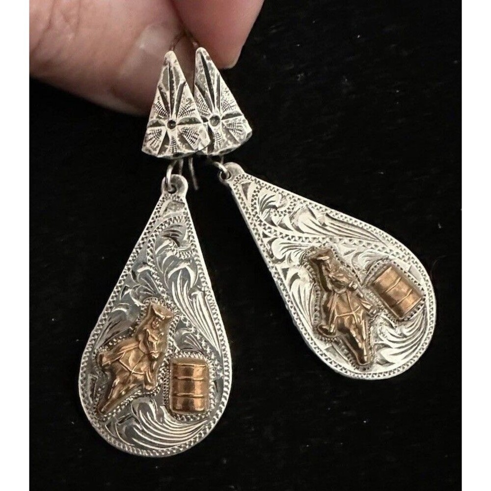 Rare  VOGT Sterling Silver & 14K Gold Fill Teardrop Barrel Racer Dangle Earrings